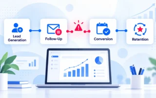 Marketing system showing a gap between lead generation, follow-up, conversion, and retention