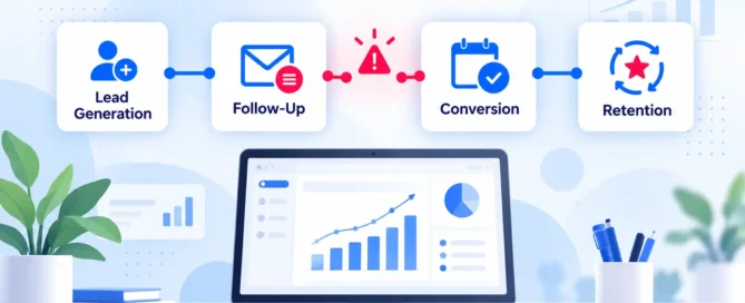 Marketing system showing a gap between lead generation, follow-up, conversion, and retention
